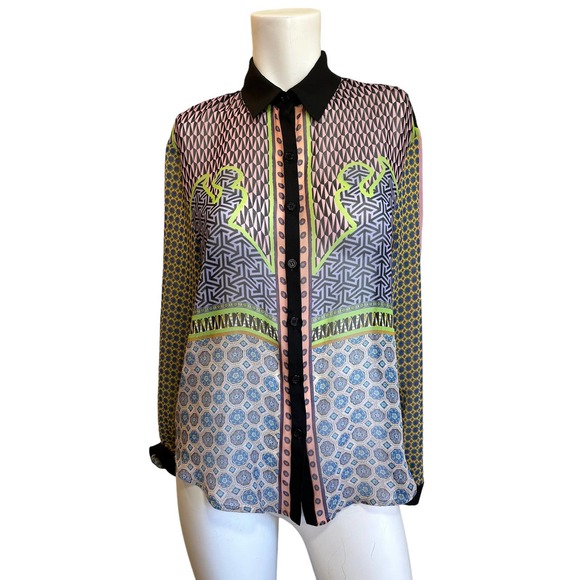 Clover Canyon Women's Multicolored Collared Long Sleeve Sheer Blouse sz XS EUC - Picture 1 of 8